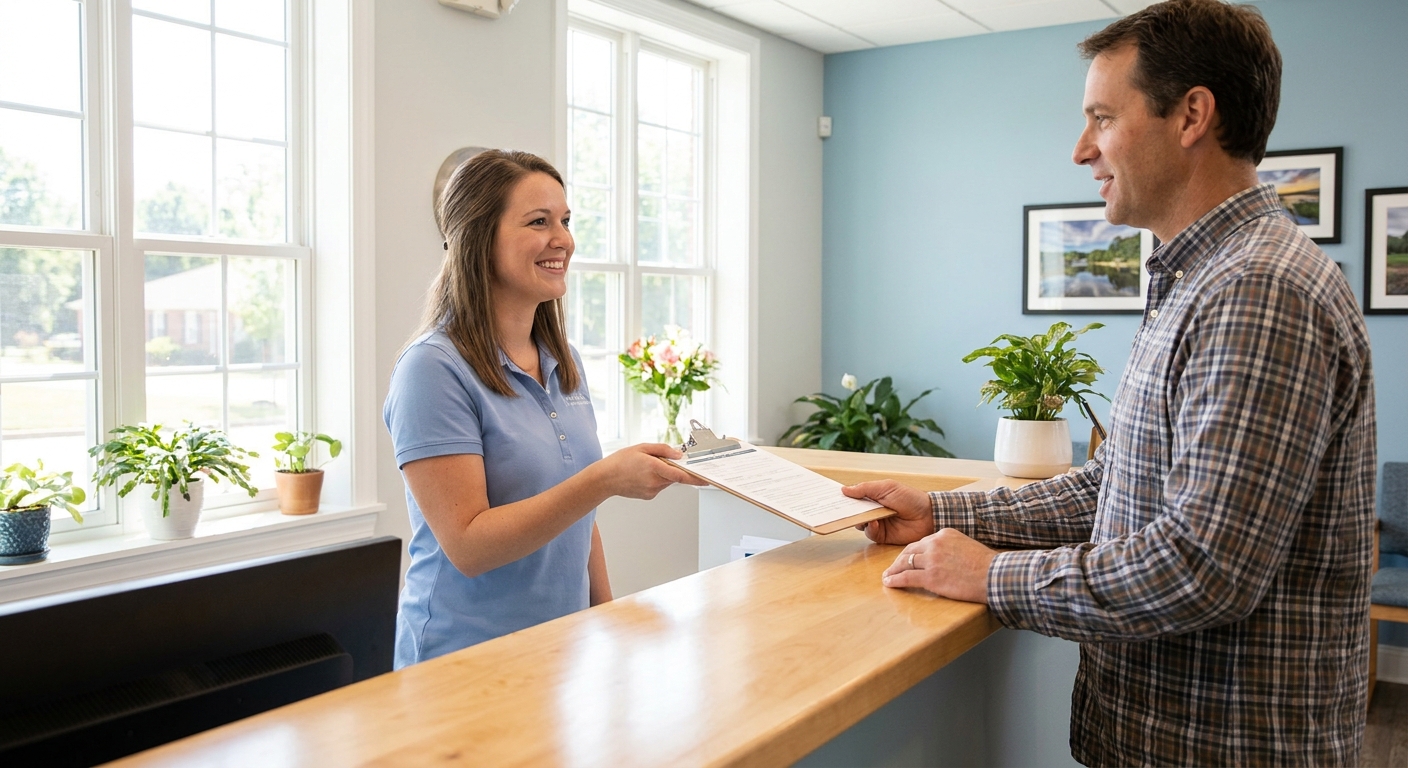 Dental office receptionist discussing paperwork with patient at front desk in naturally-lit reception area