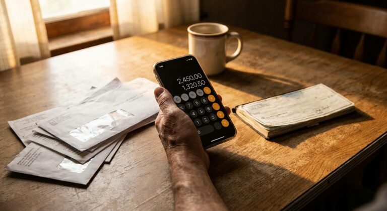 Person using phone calculator to review medical bills and budget for dental care at home
