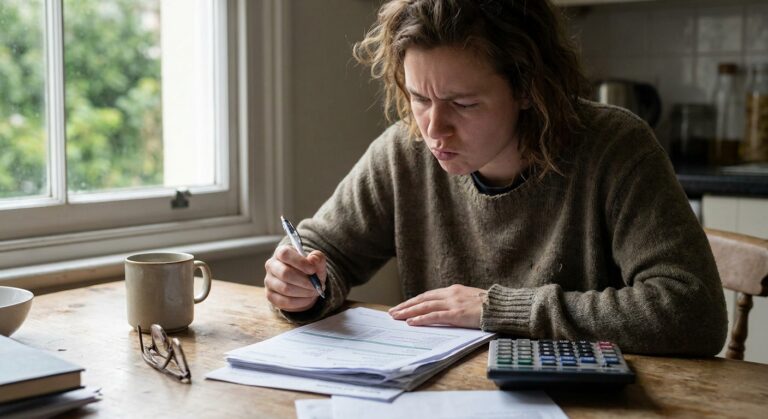 Parent reviewing financial paperwork and calculator at home kitchen table while planning dental treatment costs