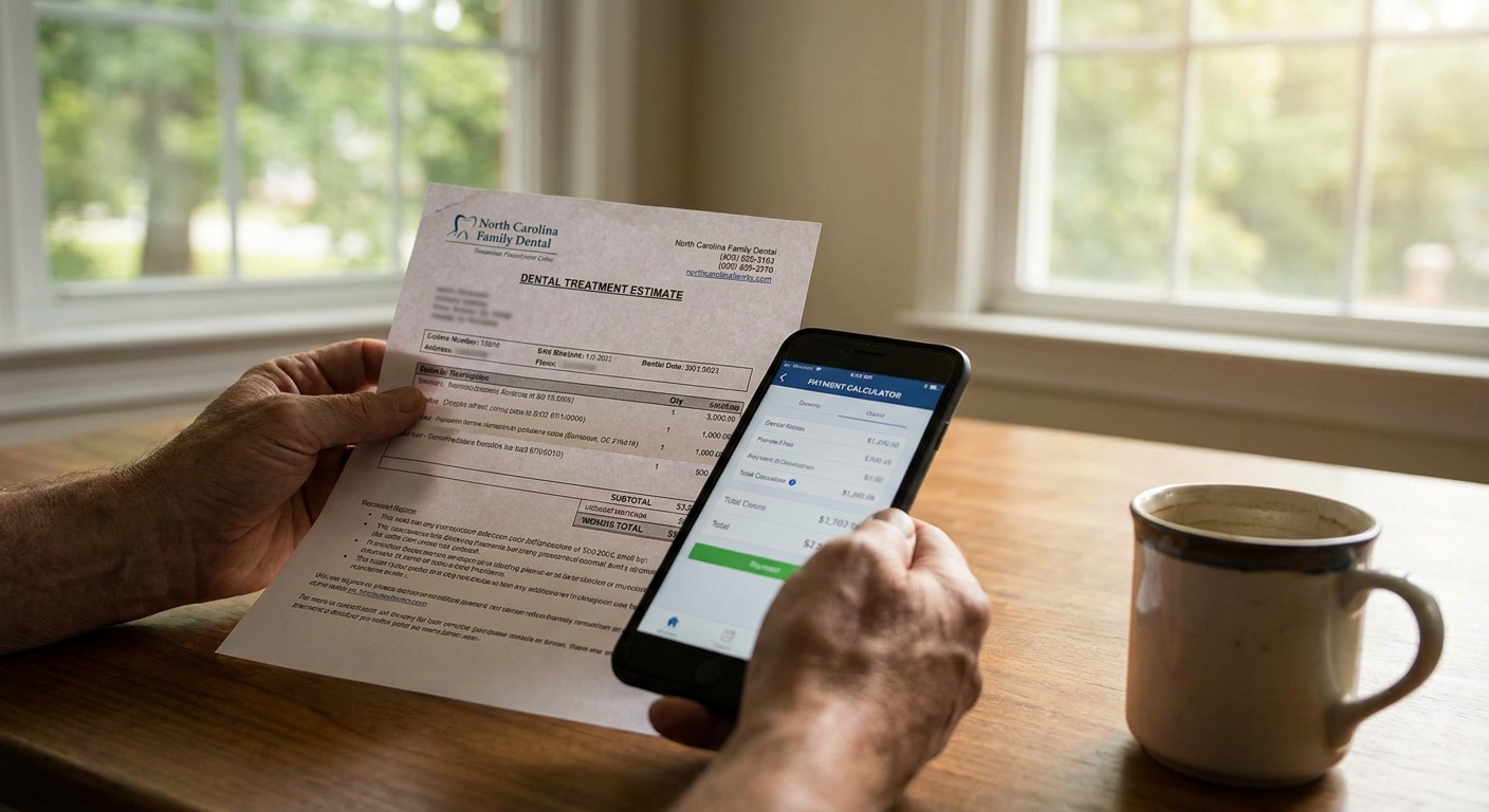 Person reviewing dental treatment estimate and payment options on phone at home