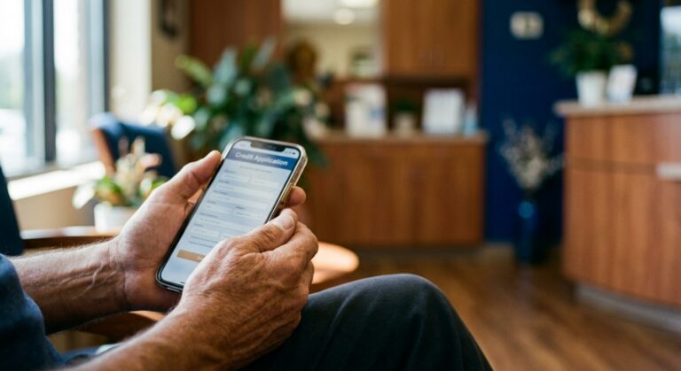 Patient considering dental financing application on smartphone in dental office waiting room